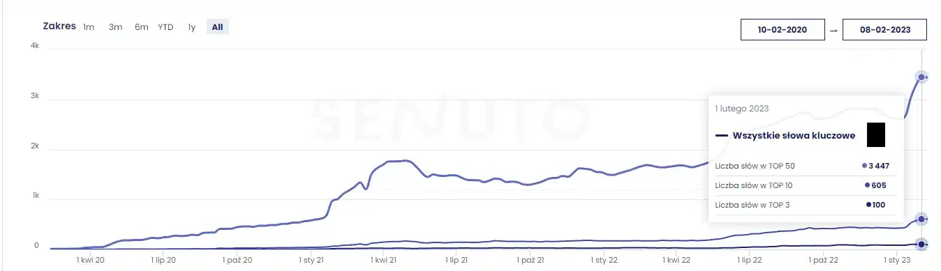 +268% przychodów dzięki synergii SEO i Google Shopping Wykres Senuto: widoczność domeny do lutego 2023 – 100 fraz w TOP3, 605 w TOP10, 3447 w TOP50, wyraźny wzrost od startu współpracy