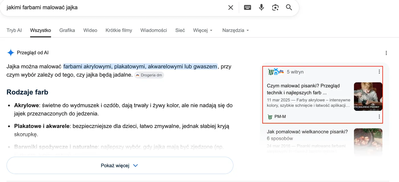 Odpowiedź Google AI Overviews dla frazy „jakimi farbami malować jajka