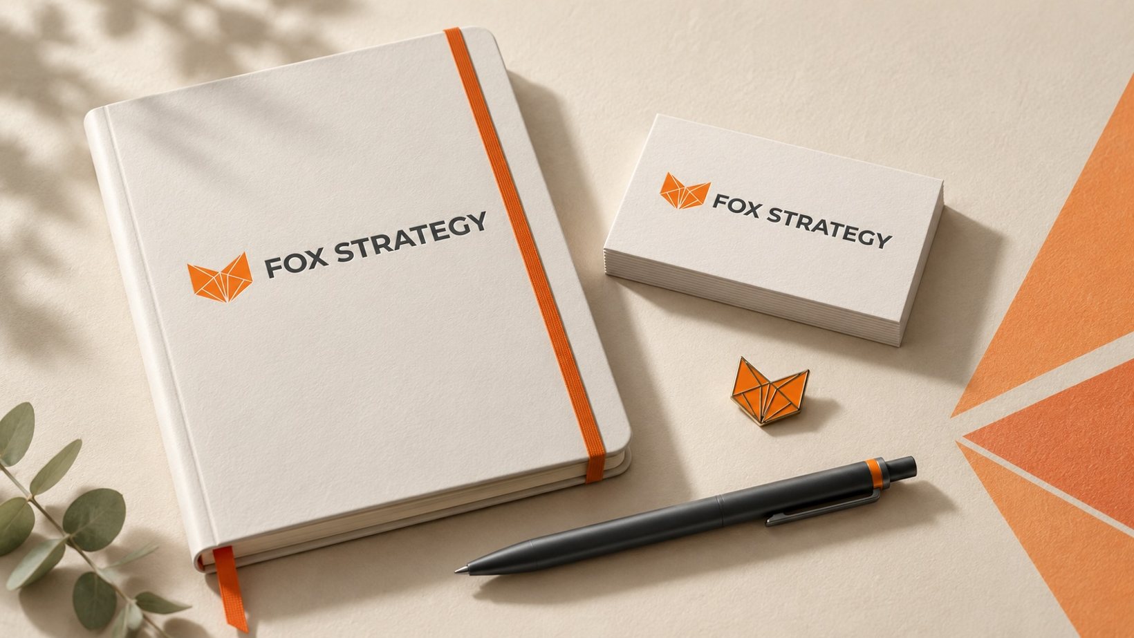 Media kit Logo Fox Strategy na notesie, wizytówkach i pinie; obok długopis i fragment key visualu